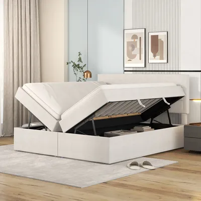 Produktbild von Merax Boxspring posteľ 140x200 cm so zásuvkami bez spodnej dosky, čalúnená posteľ s lamelovým kovovým rámom a veľkým úložným priestorom, funkčná manželská posteľ, béžová