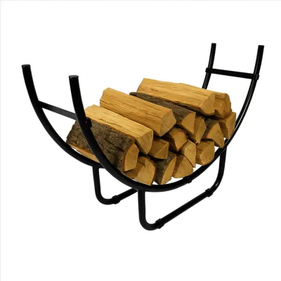 A black metal firewood rack filled with logs, shown on a white background.