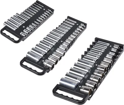 Immagine prodotto di Set organizzatore per chiavi a bussola - 3 pezzi - 76 clip - Supporto magnetico per chiavi a bussola - Custodia per attrezzi per garage e officina