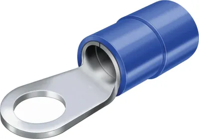 A single electrical connector with a blue insulated barrel and a silver ring terminal.