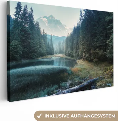 Produktbild von MuchoWow® - Leinwandbilder - Wald - Gras - Berge - Bäume - Natur, Wandbild, Wanddeko Bilder Wohnzimmer, 120x80 cm