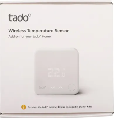 The image shows the packaging of a tado Wireless Temperature Sensor.