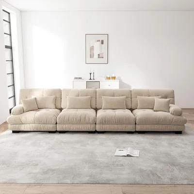 Zdjęcie produktu dla Czteroosobowa narożna sofa z tkaniny szenilowej z głębokim siedziskiem, rozkładana, tapicerowana, 406 x 77 x 81 cm, jasnobrązowa