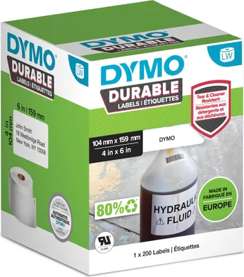 Produktbild von DYMO Original LabelWriter Hochleistungs-Etiketten | 104 mm x 159 mm | weißes Kunststoff-Etikett | Rolle mit 200 Etiketten | für LabelWriter-Beschriftungsgerät
