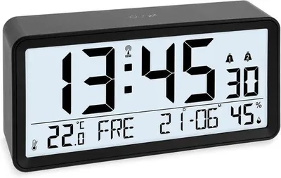 Produktbild von Große digitale Radiowechseluhr mit großen Ziffern und Tischuhr mit 2 Weckzeiten Kalender Woche Tag, Wanduhr mit Temperatur & Feuchtigkeit in Schwarz