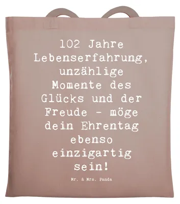 Produktbild von Mr. & Mrs. Panda Shopping Tasche Spruch 102. Geburtstag Glück - Braun Pastell - Geschenk, Happy Birthday, Liebe, Tote Bag, besondere Person, Stoffbeutel, Beutel, Freude