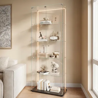 Immagine prodotto di Vetrina espositiva in vetro INONEFT con illuminazione a LED, vetrina a 5 ripiani, moderna vetrina per oggetti da collezione, 5 ripiani in vetro e 2 porte con serratura, colore nero