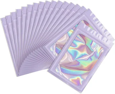 Produktbild von 100 Stück selbstverschließende Beutel, tragbare Mehrzweck-Verpackungsbeutel mit holografischem Muster, wiederverschließbare Geruchsfolienbeutel, Reißverschlussbeutel mit klarem Fenster