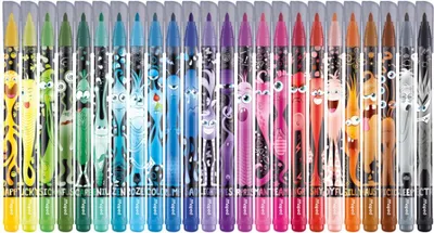 A collection of colorful markers with cartoon monster designs.