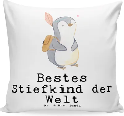 Produktbild von Mr. & Mrs. Panda Sofakissen Pinguin Bestes Stiefkind der Welt - Weiß - Geschenk, Deko Kissen, wohnzimmer, Geburt, Tochter, Geburtstag, bedruckt, Geschenkidee, 40x40, Kids