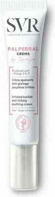 A product shot of a tube of SVR Palpebral by Topialyse eye cream against a white background.