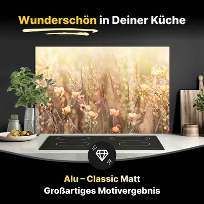 Produktbild von Spritzschutz Küchenrückwand aus Aluminiumverbund in Matt 125x50 cm - Blumenfeld mit Sonnenstrahlen