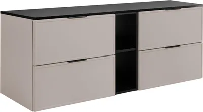 Image de RODAN | Armoire de salle de bain SLIM 140,6 cm - Cachemire - 3 couleurs de poignées incluses EMENT - Plateau et étagère noirs - Suspendue