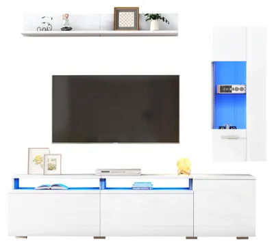 Produktbild von TV-Wohnwand 3-teilig, Weiß, mit LED, TV-Schrank, Vitrine und Regal