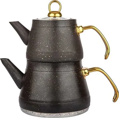 Produktbild von Teekanne Caydanlik Teekessel und Wasserkessel Außenbeschichtung in Granitoptik Schwarz mit Goldgriff