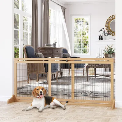Imagen del producto de Barrera para perros Sweiko, barandilla de seguridad para escaleras, 180 cm de altura, con altura ajustable, color natural y negro