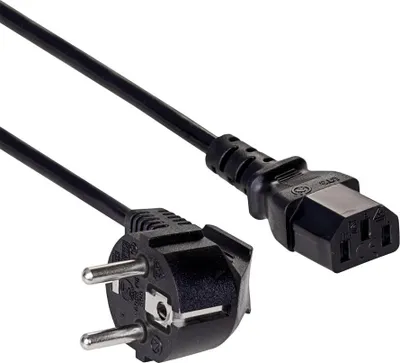 A black power cord with two different types of plugs on either end, shown against a white background.