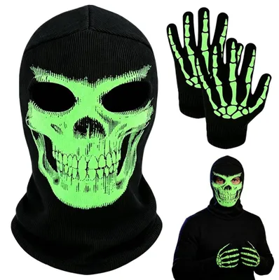 Glow-in-the-Dark Schädelmaske mit Handschuhen – Halloween