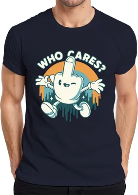 Produktbild von Who Cares Mittelfinger Cartoon frech Retro Vintage 90er Skater Herren T-Shirt, Navy, XXL