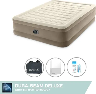 Produktbild von Intex Luftbett - 2 Personen - 152 x 203 x 46 cm - Beige - Mit eingebauter Pumpe + Spannbettlaken Weiß + Reperaturset