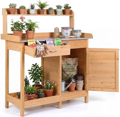 Imagen del producto de Mesa de cultivo con cajones y armario inferior, mesa de jardinería para exteriores