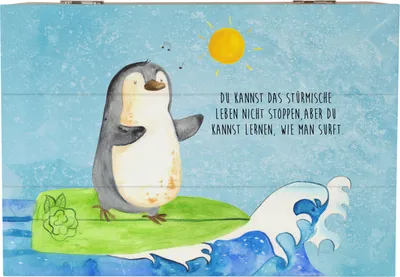 Produktbild von Mr. & Mrs. Panda Box Pinguin Surfer 22 x 15 cm - Eisblau - Geschenk, Kiste mit Deckel, Portugal, schatztruhe, Hawaii, Truhe, Geschenkbox, Urlaub, fotobox, Motiviert