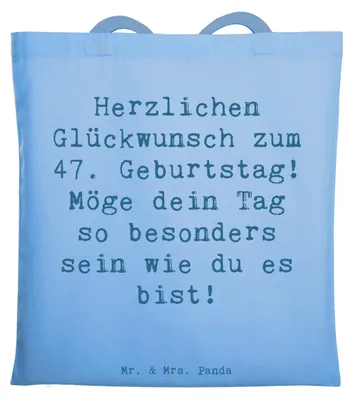Produktbild von Mr. & Mrs. Panda Jutebeutel Spruch 47. Geburtstag - Sky Blue - Geschenk, Liebevolle Geschenke, Glückwünsche, Beutel, Handgemachte Produkte, Stoffbeutel, Alter, Tasche