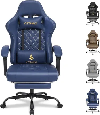 Produktbild von 1 Stück Gaming Stuhl,Mit Kissen,Taillenkissen und Fußpedalen,Ergonomischer Gaming Sessel,Bürostuhl,Schreibtischstuhl,Höhenverstellbar,Dunkelblau.