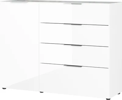 Produktbild von Sideboard "404" in weiss mit 4 Schubladen und einer Tür. Abmessungen (BxHxT) 134x102x42 cm