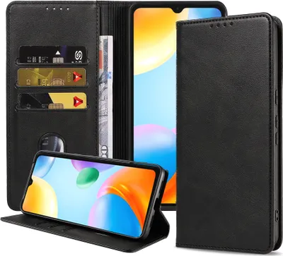 Produktbild von Smartphonica Handytasche geeignet für Xiaomi Redmi 10C Kunstlederhülle mit Magnetverschluss und Kartenhalter Buchhülle mit Klappe - Schwarz