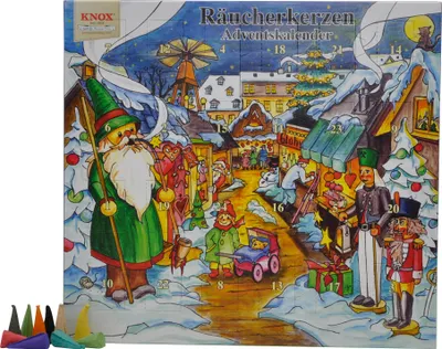An advent calendar depicting a winter market scene with various characters and stalls, with small incense cones in the foreground.