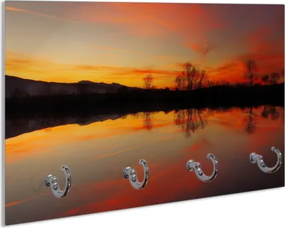 Produktbild von Wallario Schlüsselbrett aus Glas, Motiv: Abendrot am Himmel über einem See, 30 x 20 cm mit 4 Haken