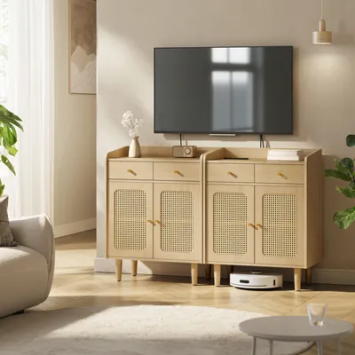 Produktbild von SONGMICS HOME BOHOVEN Kollektion - Sideboard, Küchenschrank mit Türen in Rattan-Optik, Aufbewahrungsschrank mit Schubladen, verstellbare Ablage,
