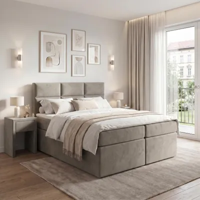 Produktbild von ELVORA DESIGNE Boxspringbett 140x200 cm PURELINE mit Bonellmatratze H3 & Topper, 2 Bettkästen, Beige