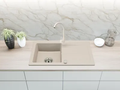 Produktbild von [Granitspüle 76x44 in verschiedenen Farben]Hochwertig beidseitig Montierbar Küchenspüle Eckig Einbaugranitspüle Granit Spülbecken f. Unterschränke ab 45 cm inkl.Siphon Set, K-Farbe:Beige