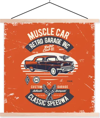 Produktbild von MuchoWow® Textilposter Autos - Oldtimer - Zeichnung 120x120 cm mit holzfarbenen Rahmen - Textil-Poster