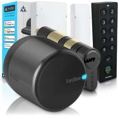 Obrázek produktu pro Tedee GO2 Alu s Keypad PRO, senzorem dveří a vložkou Gerda EXXO – Chytrý zámek, otisk prstu, třída 6, bezpečné zamykání, bezklíčový vstup, Matter