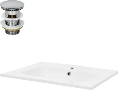 A white ceramic sink basin and a chrome pop-up drain assembly are shown against a white background.
