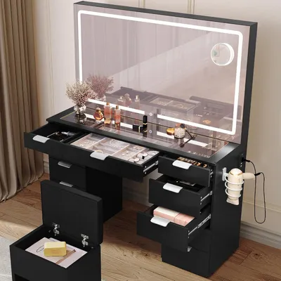 Produktbild von Schminktisch mit LED Spiegel & transparenter Tischplatte, 1 Hocker, Kosmetiktisch mit Steckdosen und 11 Schubladen, 114 × 40 × 134 cm, Schwarz