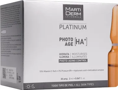 Produktbild von MartiDerm Platinum Photo Ahe HA+, feuchtigkeitsspendendes und aufhellendes Gesichtsserum in Ampullen 30x2ml