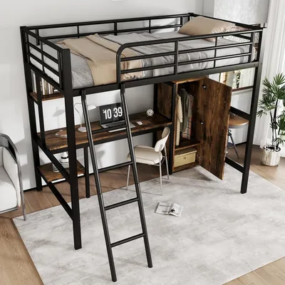 Produktbild von Eisenbett 90*200cm Etagenbett Mit Tisch/Kleiderschrank/Reichlich Ablagefächer, Hochbett Eisen+Spanplatte, Geeignet für Kinder+Heranwachsende, Schwarz