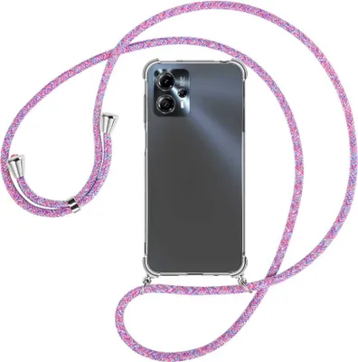 Produktbild von Handykette Backcover-Schutzhülle mit Band (Metall silberfarben) für Motorola Moto G13, Moto G23 (6.5'') - lila/rosa/blau