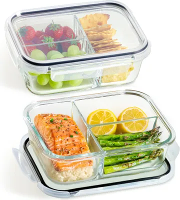 Produktbild von Meal Prep Boxen Glas 3 Fächer - Glasdosen 2er Set mit Deckel 1000ml - Luftdicht - BPA-Frei - Gefrierschrank & Mikrowellengeeignet