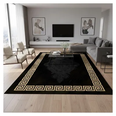 Produktbild von Moderner schwarz-goldener Teppich mit griechischem Muster, waschbar, digital bedruckt, 7 mm, rutschfest, für Wohn- und 200 x 290 cm