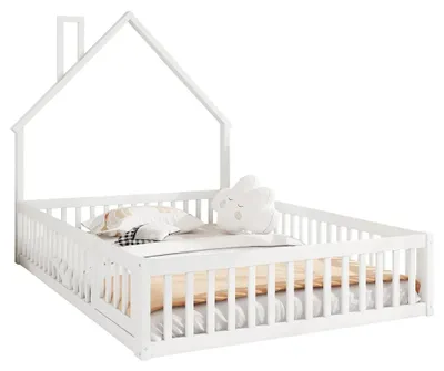 Image de Lit bébé - Structure de lit en forme de maison - 140 x 200 cm - Blanc et bois de pin - Rembourré - Sommier à lattes - Espace de rangement