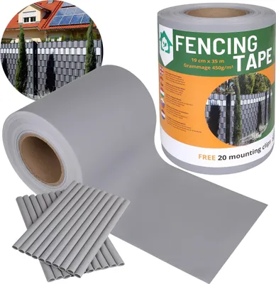 Produktbild von Sichtschutzstreifen, UV-Sichtschutzfolie für Stabmattenzaun 19 cm x 35 m - 450g/m2 + 20 Befestigungsclips GRAU
