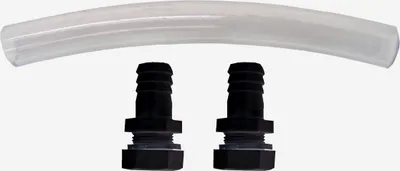 A clear product shot of a clear tube and two black connectors against a white background.