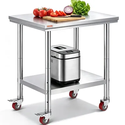 Produktbild von VEVOR Edelstahl Arbeitstisch 30 x 18 x 34 Zoll, 700 LBS Tragfähigkeit mit 4 Rädern, 3 verstellbare Höhenstufen, robuster Lebensmittelvorbereitungstisch für gewerbliche Küchenrestaurants, Silber, 760x600x850 mm