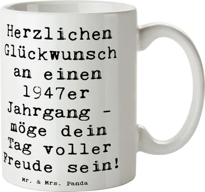 Produktbild von Mr. & Mrs. Panda Kaffeetasse Spruch 1947 Geburtstag - Weiß - Geschenk, Geburtstagsgeschenk, Kaffeepott, Jahrgang, Alter, Glückwünsche, Teetasse, Tasse, Jubiläum
