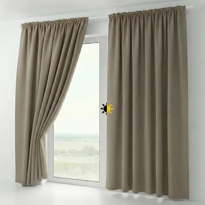 Two light brown blackout curtains are shown hanging on a window rod in front of a window.